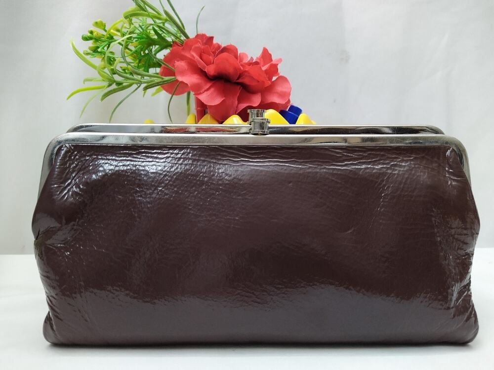 Hobo International Brown Patent Leather Double Kisslock Bifold Large Wallet